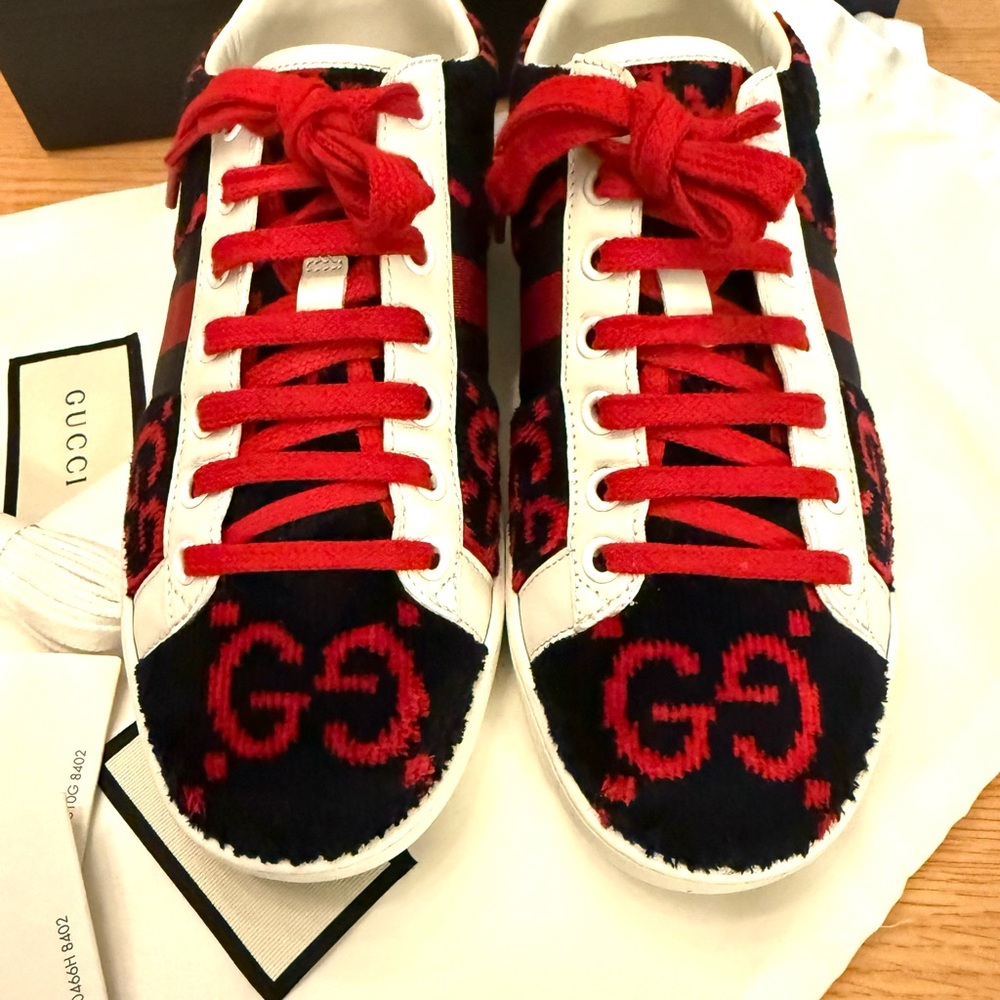 Gucci ace GG terry cloth navy/red size 37 (7-7.5 US) Sneakers with box etc - Picture 3 of 8